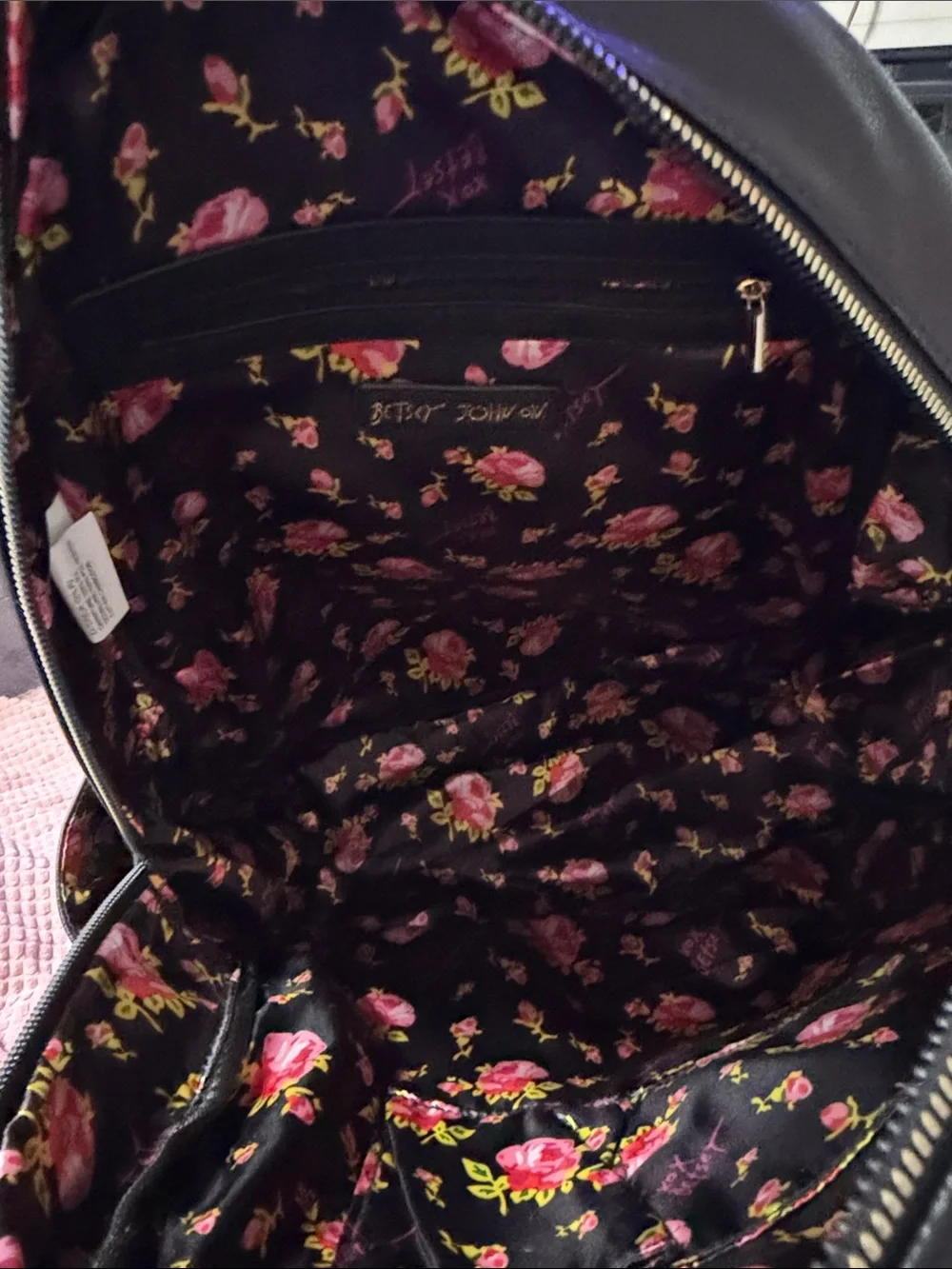 Betsey Johnson Oversized Panda Floral Backpack what is what floral lining